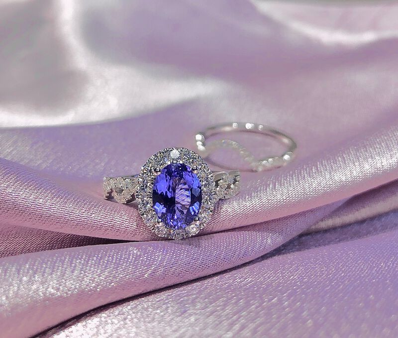 Teagen. Oval Tanzanite & Diamond Halo Engagement Ring & Wedding Band Set in 14k White Gold image number null