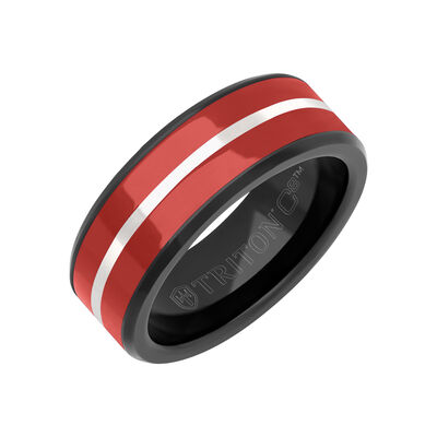 Triton 8mm Black Tungsten Band with Red Ceramic Inlay and Silver Ceramic Center Line