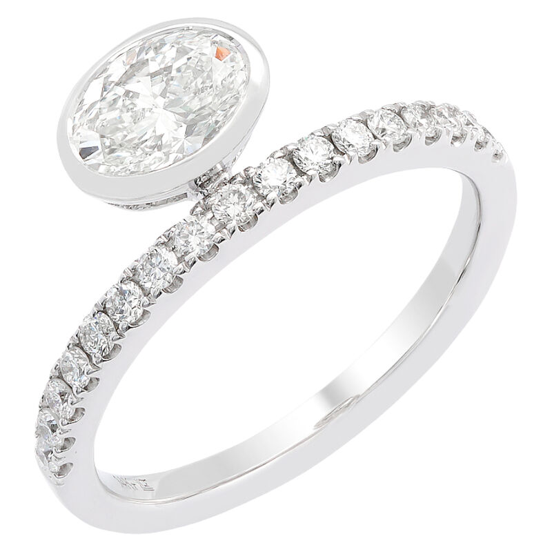 Oval Natural Diamond 1ctw. Horizontal Bezel Classic Shank Engagement Ring in 14k White Gold image number null