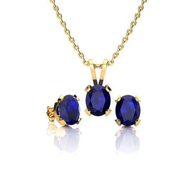 Oval-Cut Sapphire Necklace & Earring Jewelry Set in 14k Yellow Gold Plated Sterling Silver