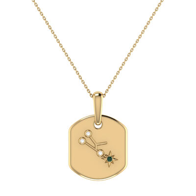 Diamond and Emerald Taurus Constellation Zodiac Tag Necklace in 14k Yellow Gold Plated Sterling Silver
