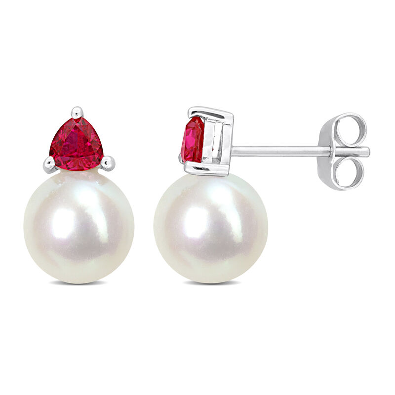 Created Ruby & Freshwater Cultured Pearl Stud Earrings in 10k White Gold image number null