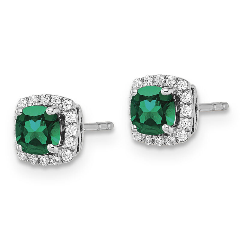 Cushion-Cut Created Emerald & Diamond Halo Stud Earrings in Sterling Silver image number null