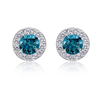 Blue & White Diamond 1 1/2ct. Halo Stud Earrings in 14k White Gold