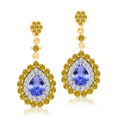 Pear-Shaped Tanzanite & Diamond Drop Earrings in 14k Yellow & White Gold