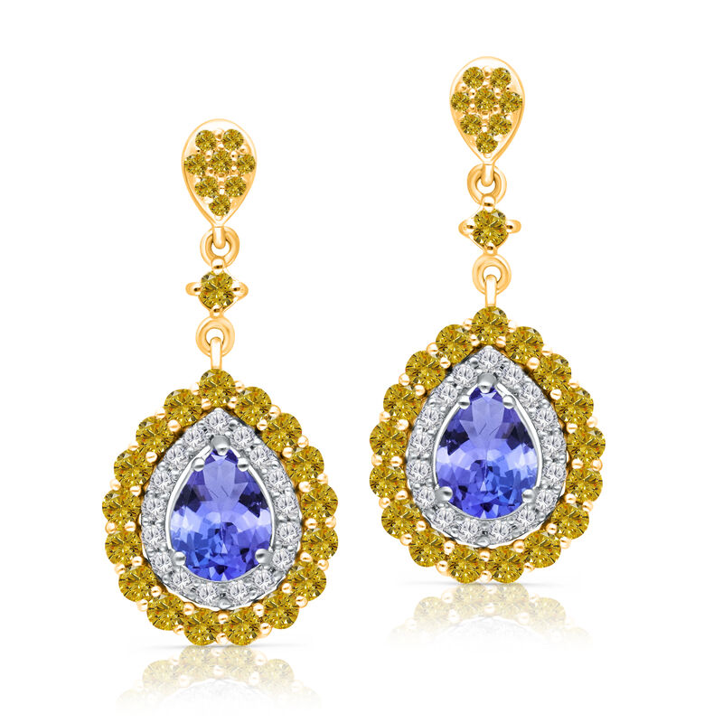 Pear-Shaped Tanzanite & Diamond Drop Earrings in 14k Yellow & White Gold image number null