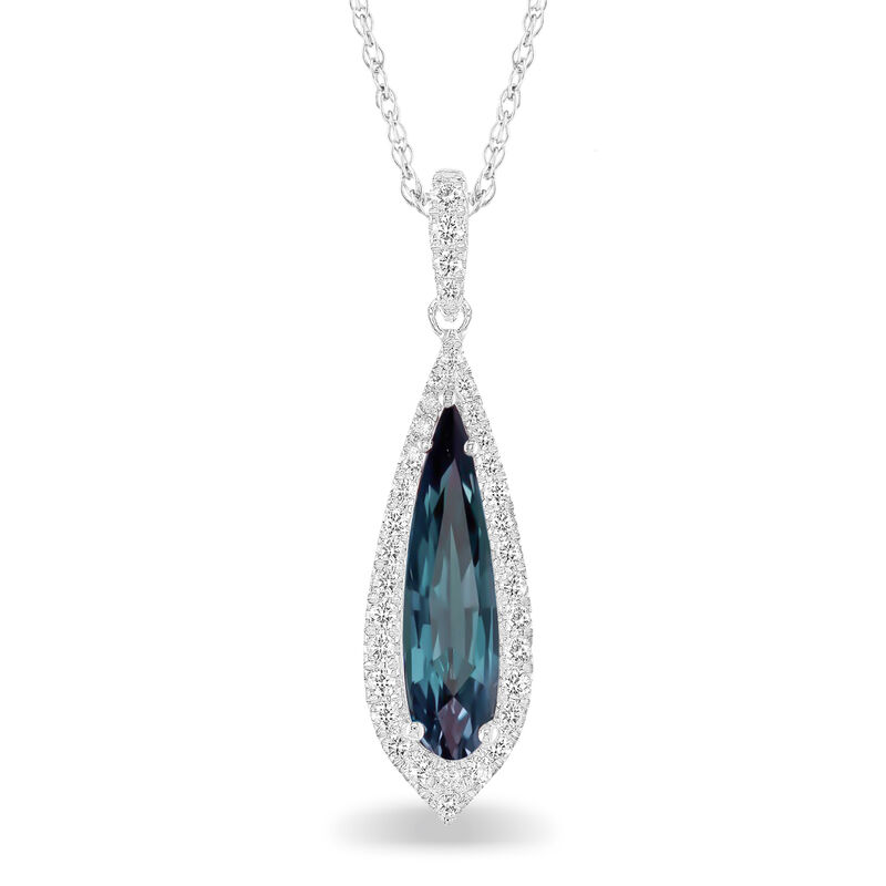Elongated Pear Created Alexandrite & Diamond Pendant in 10k White Gold image number null