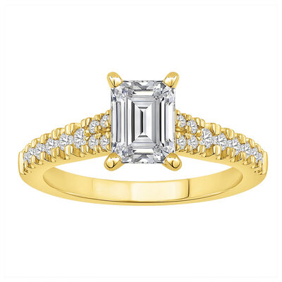 Emerald-Cut Lab Grown 1 1/4ctw. Diamond Split Shank Cathedral Engagement Ring in 14k Yellow Gold
