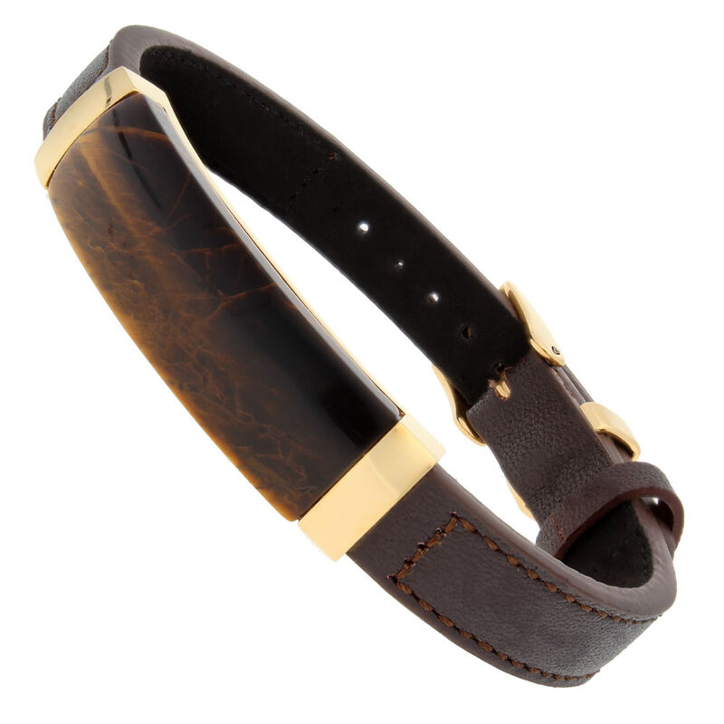 Men's Carved Tiger Eye Leather Bracelet with Yellow Gold Plated Stainless Steel image number null