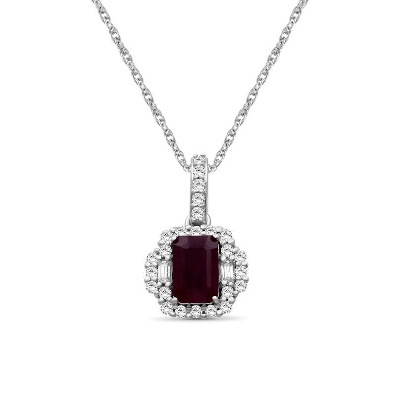 Emerald-Cut Ruby & Diamond Halo Pendant in 10k White Gold image number null