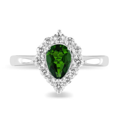 Pear Shape Chrome Diopside & Diamond Halo Ring in 10k White Gold