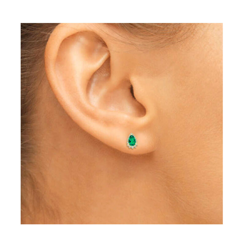 JK Crown Collection Pear-Shaped Created Emerald Diamond Earrings in 10k Yellow Gold image number null