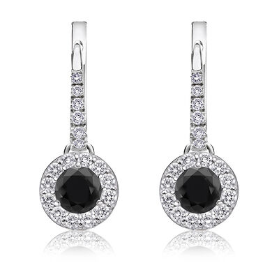 Black Diamond Halo 1ct. Drop Earrings in 14k White Gold