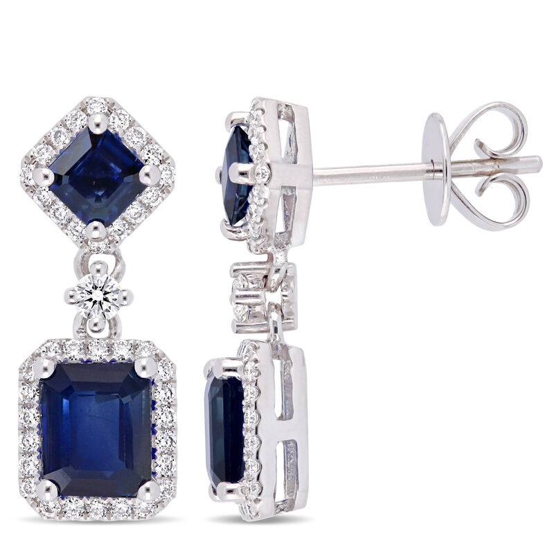 Blue Sapphire & Diamond Dangle Halo Statement Earrings in 14k White Gold image number null