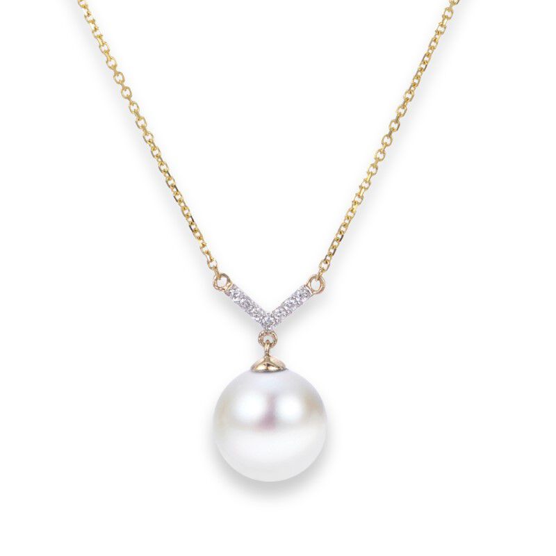 Freshwater Pearl & Diamond 8.5mm Necklace in 14k Yellow Gold.  image number null
