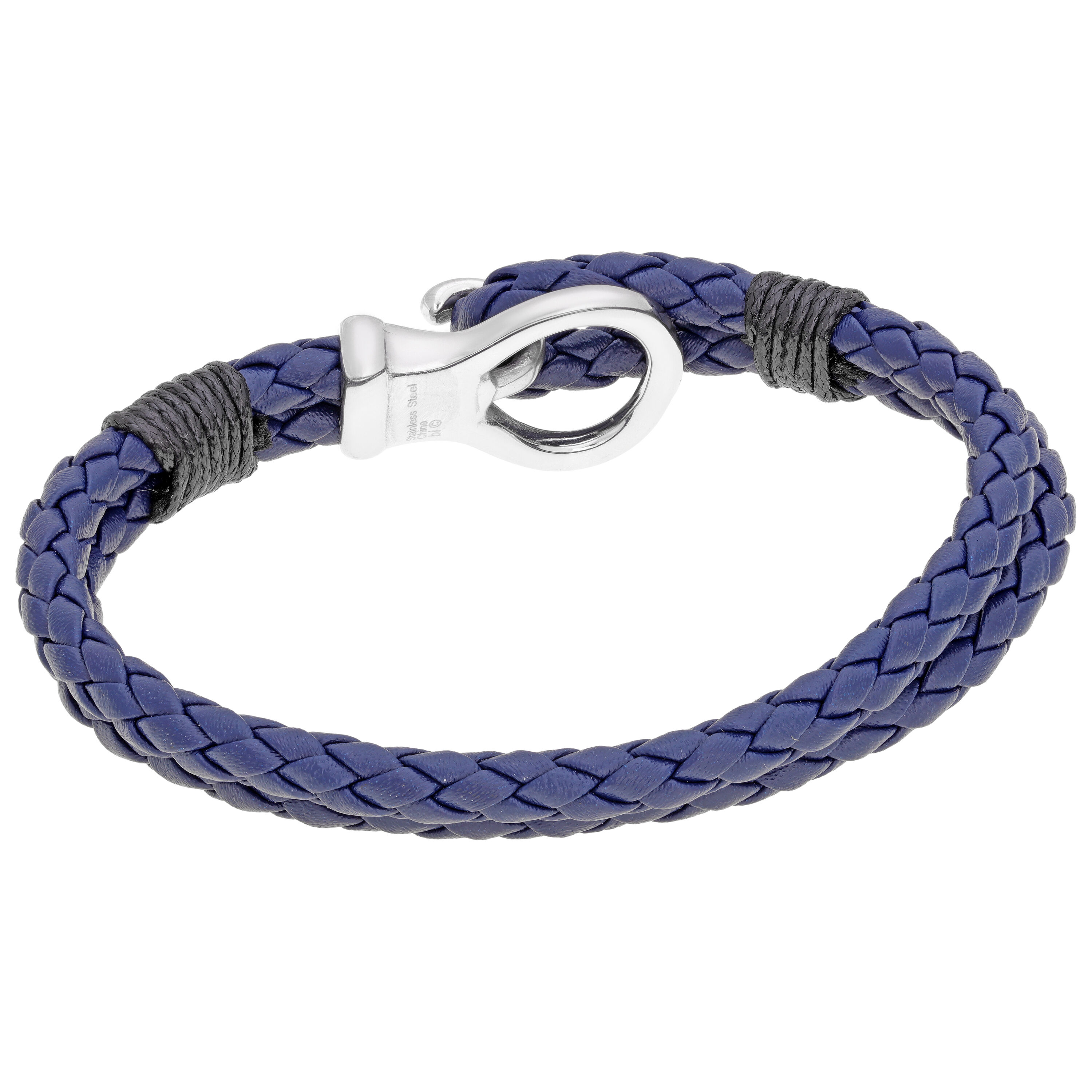 Men's Stainless Steel Clasp Blue Leather Rope Bracelet
