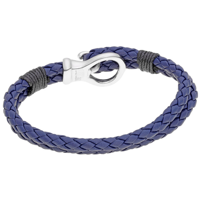 Men's Stainless Steel Clasp Blue Leather Rope Bracelet image number null