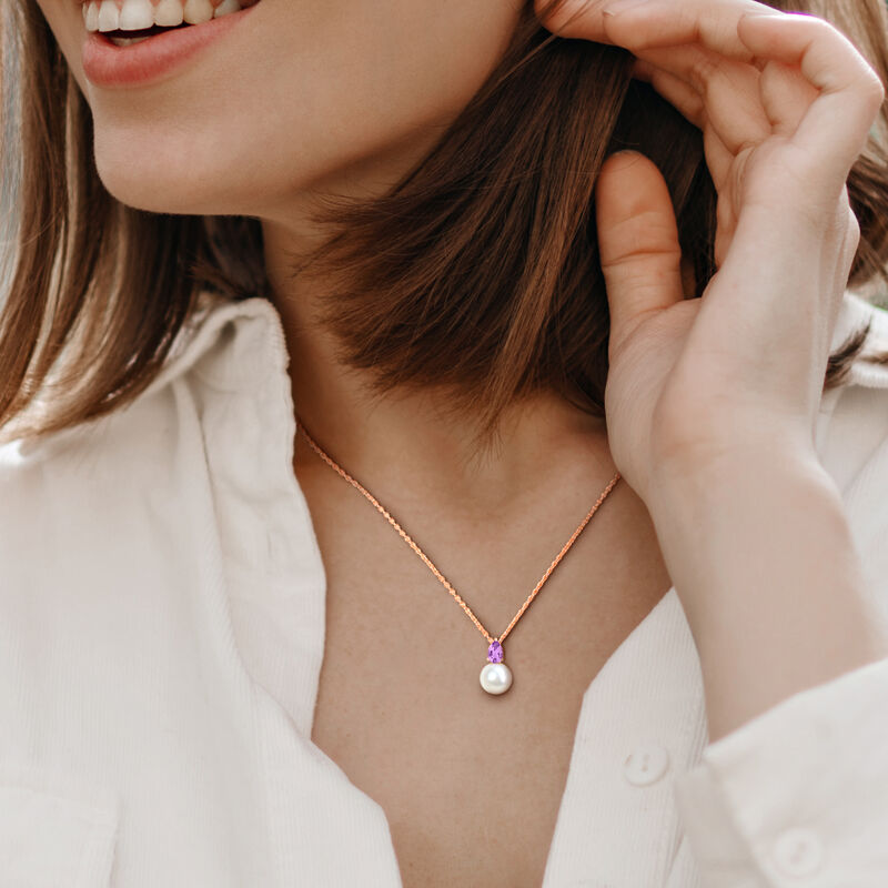 Amethyst & Freshwater Cultured Pearl Necklace in Rose Plated image number null
