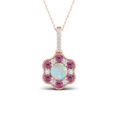 Ethiopian Opal, Pink Tourmaline & Diamond Flower Pendant in 10k Rose Gold