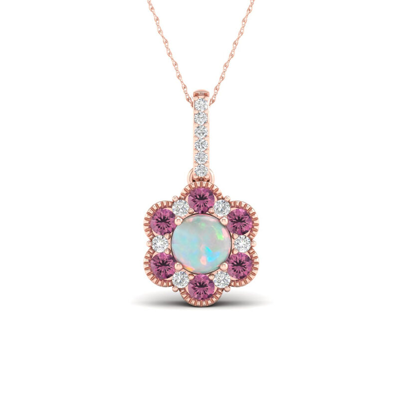Ethiopian Opal, Pink Tourmaline & Diamond Flower Pendant in 10k Rose Gold image number null