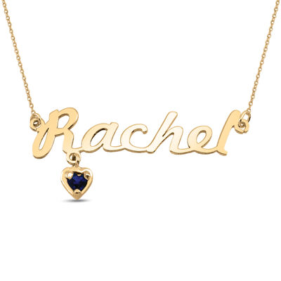 Nameplate Necklace with Birthstone Heart in 10k Yellow Gold