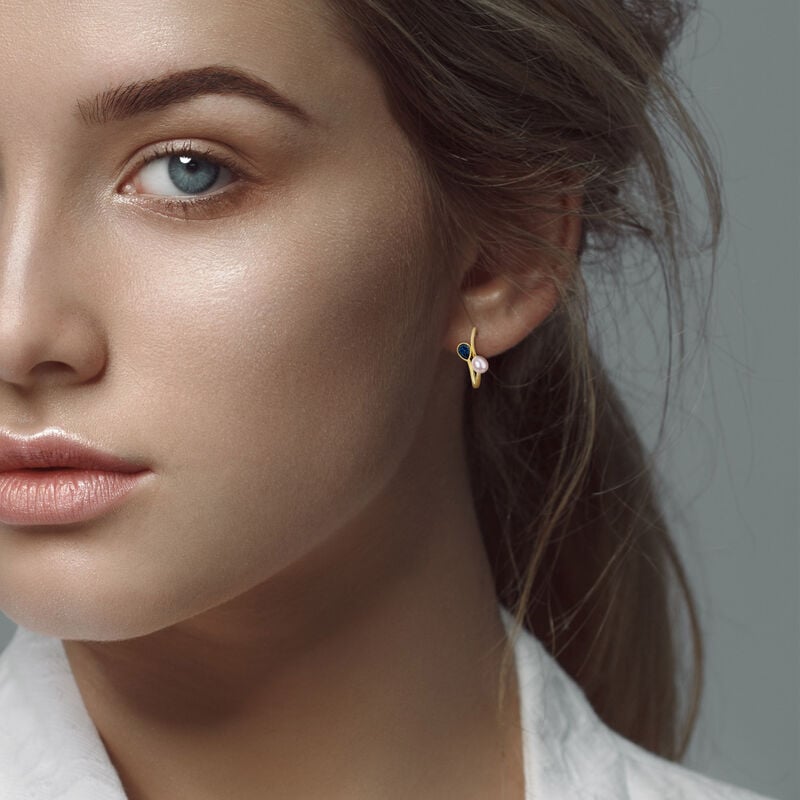 London Blue Topaz & Freshwater Cultured Pearl Hoop Earrings in Gold Plated Sterling Silver image number null