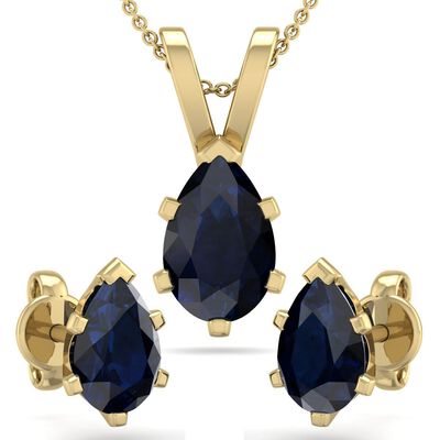 Pear Sapphire Necklace & Earring Jewelry Set in 14k Yellow Gold Plated Sterling Silver