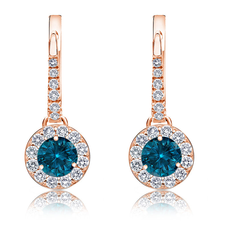 Drop 1ct. Blue Diamond Halo Earrings in 14k Rose Gold image number null