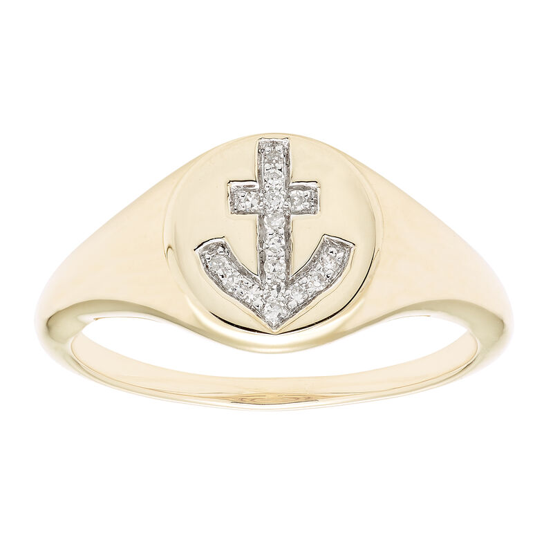Diamond Anchor Signet Ring  in 14k Yellow Gold image number null
