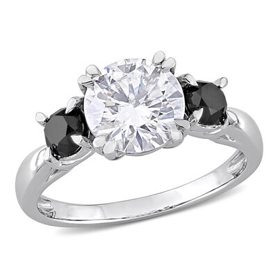 Black Diamond & Created White Moissanite 3-Stone Ring in 10k White Gold