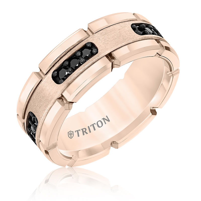 Triton® Rose Tungsten Carbide Flat Comfort Fit Black Diamond Band 8MM image number null