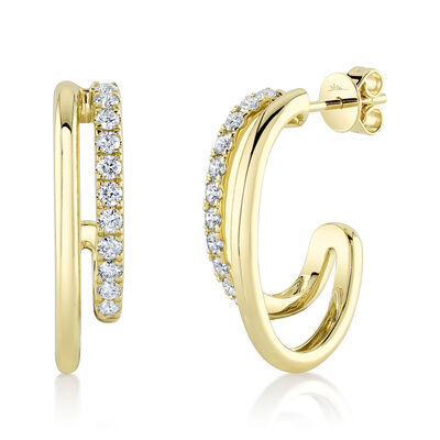 Shy Creation .58ctw. Diamond 2-Row Offset Hoop Stud Earrings in 14k Yellow Gold