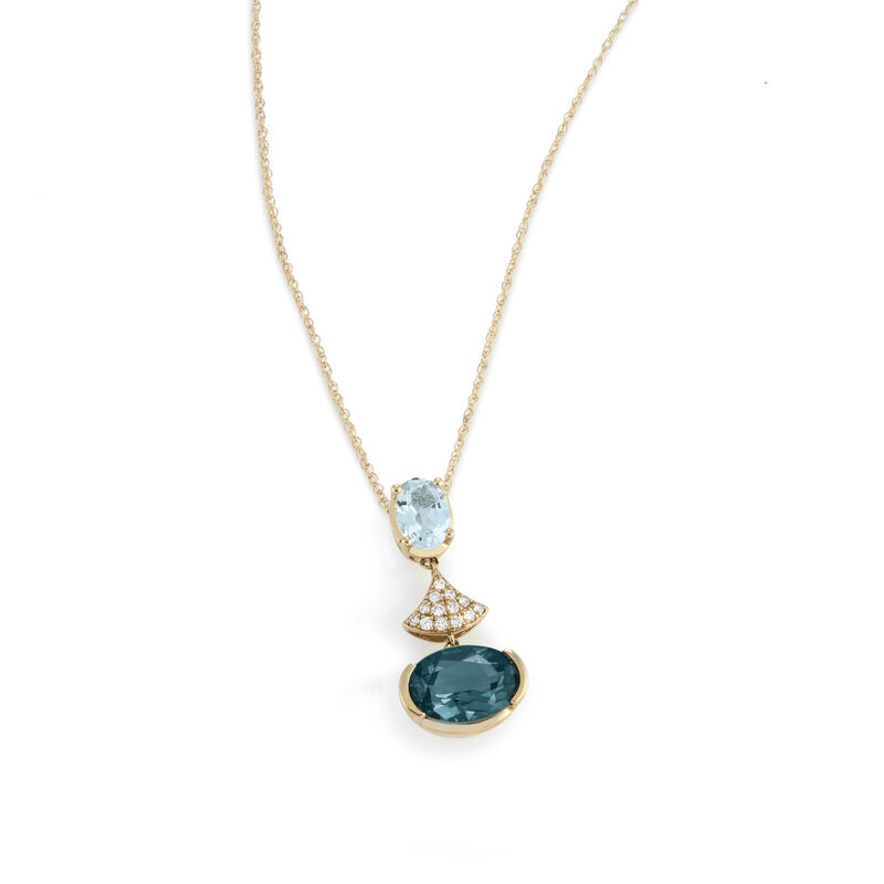 Oval London Blue Topaz and Oval Sky Blue Topaz with Diamond Fan Center Pendant in 10k Yellow Gold image number null