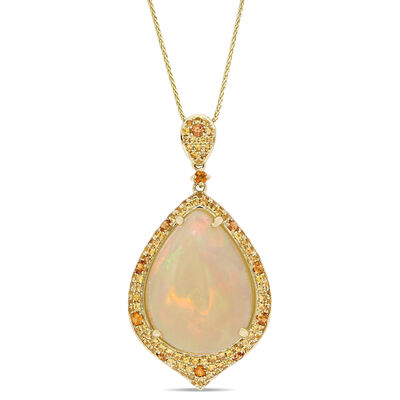 Pear Opal, Yellow & Orange Sapphire Halo Pendant in 14k Yellow Gold