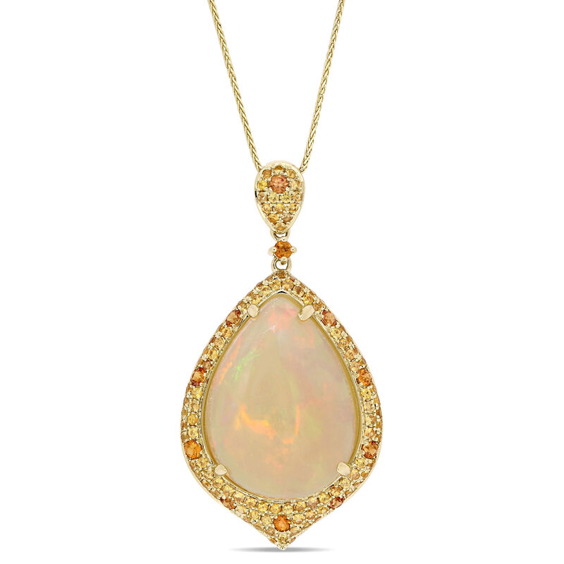 Pear Opal, Yellow & Orange Sapphire Halo Pendant in 14k Yellow Gold image number null