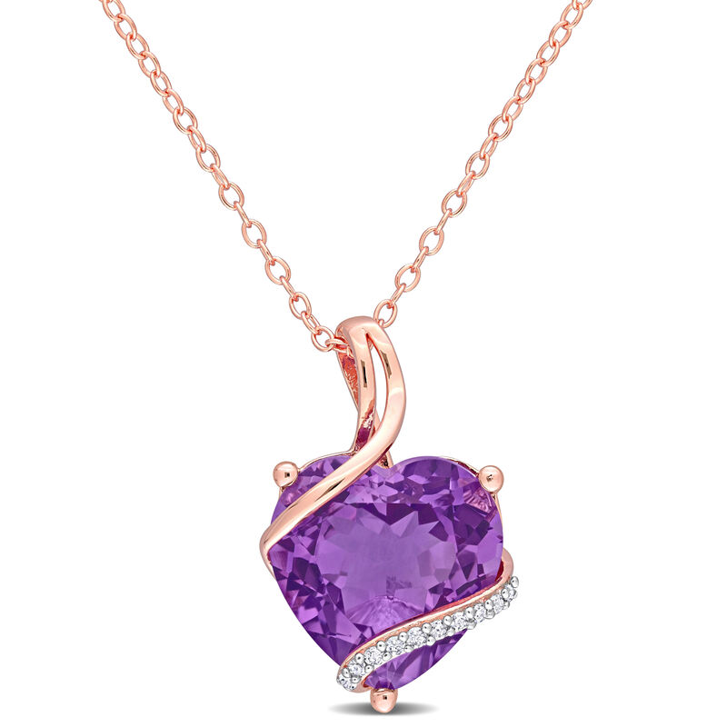 Heart-Shaped Amethyst & Diamond Wrapped Pendant in Rose Gold Plated Sterling Silver image number null