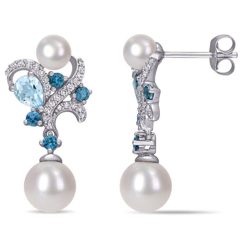 Diamond, London Blue Topaz & Sky Blue Topaz w/ Freshwater Pearl Cluster Drop Earrings in 10k White Gold image number null