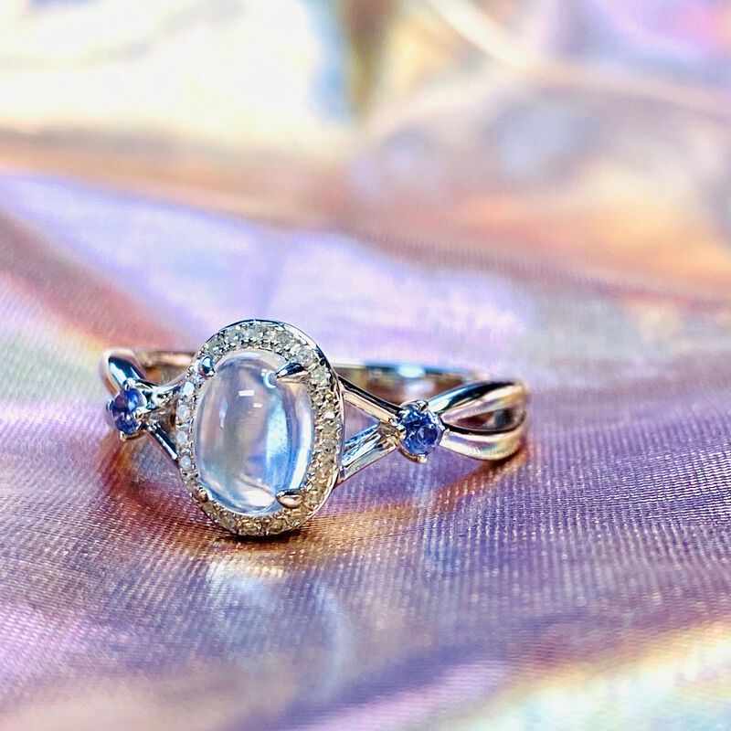 Oval Moonstone, Tanzanite & Diamond Halo Ring in Sterling Silver image number null
