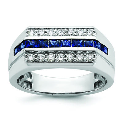Men's Princess-Cut Sapphire Center & Lab Grown Diamond Three-Row Ring in 10k White Gold