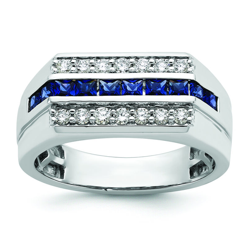 Men's Princess-Cut Sapphire Center & Lab Grown Diamond Three-Row Ring in 10k White Gold image number null