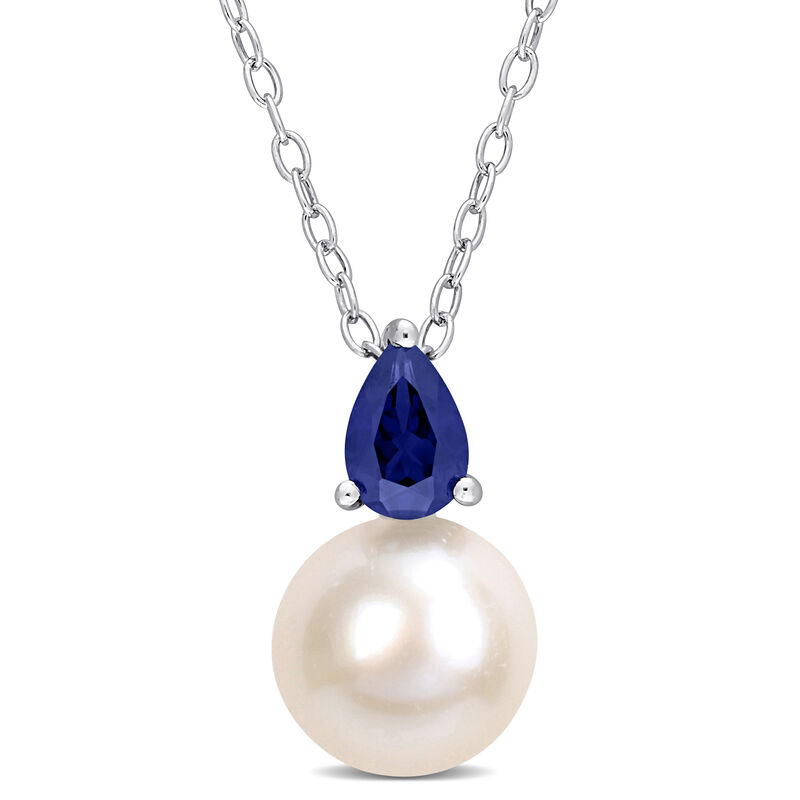 Created Blue Sapphire & Freshwater Cultured Pearl Necklace in Sterling Silver image number null