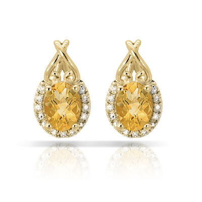 Oval Citrine & Diamond Halo Stud Earrings in 10k Yellow Gold