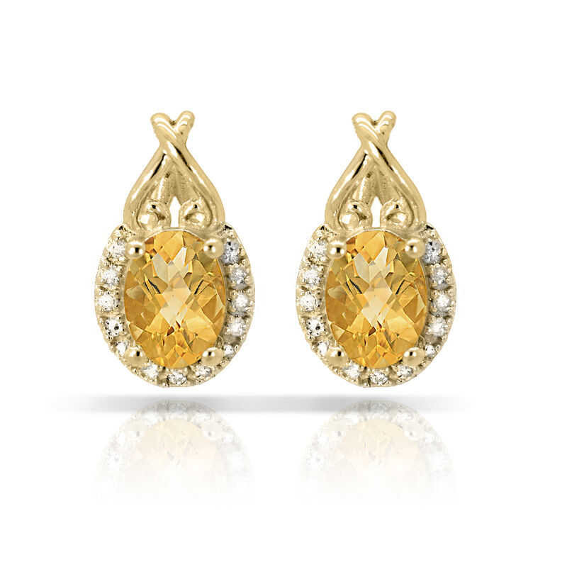 Oval Citrine & Diamond Halo Stud Earrings in 10k Yellow Gold image number null