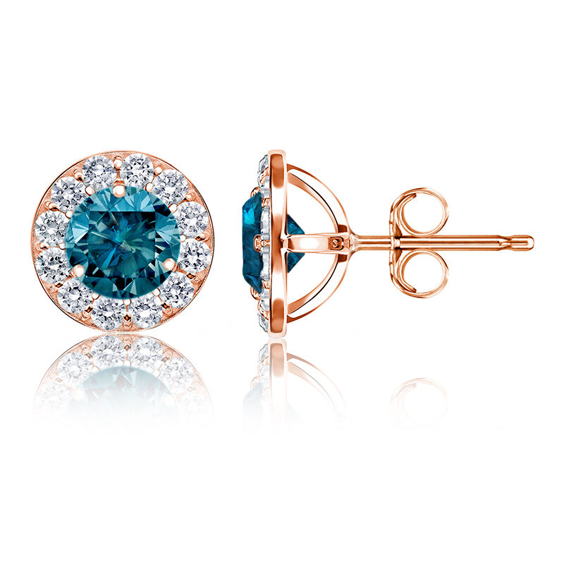 Blue & White Diamond 1½ct. Halo Stud Earrings in 14k Rose Gold image number null