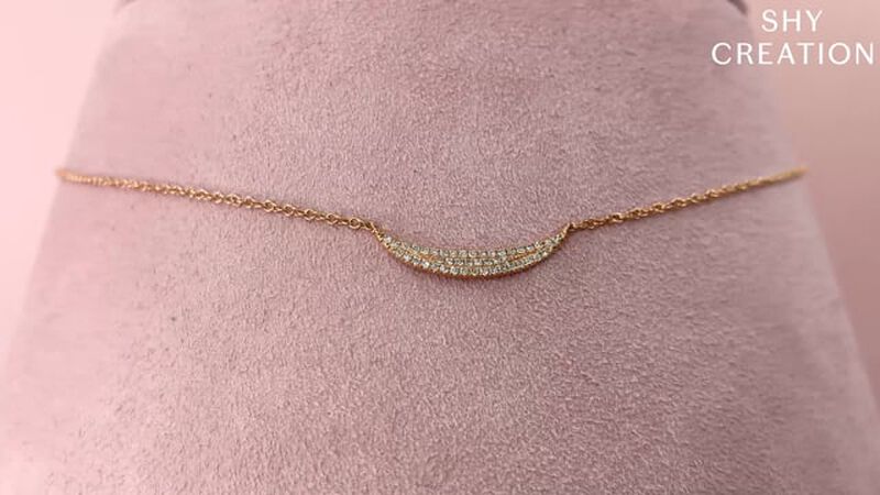 Shy Creation 0.11 ctw Pave Diamond Curved Bar Necklace in 14k White Gold image number null