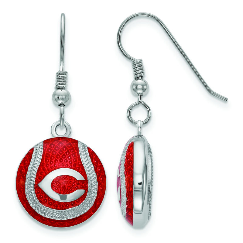 Cincinnati Reds Domed Enameled Dangle Baseball Earrings in Sterling Silver image number null