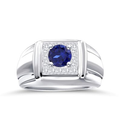 Men's Brilliant-Cut Created Sapphire & 1/2ctw. Princess-Cut Diamond Ring in 14k White Gold
