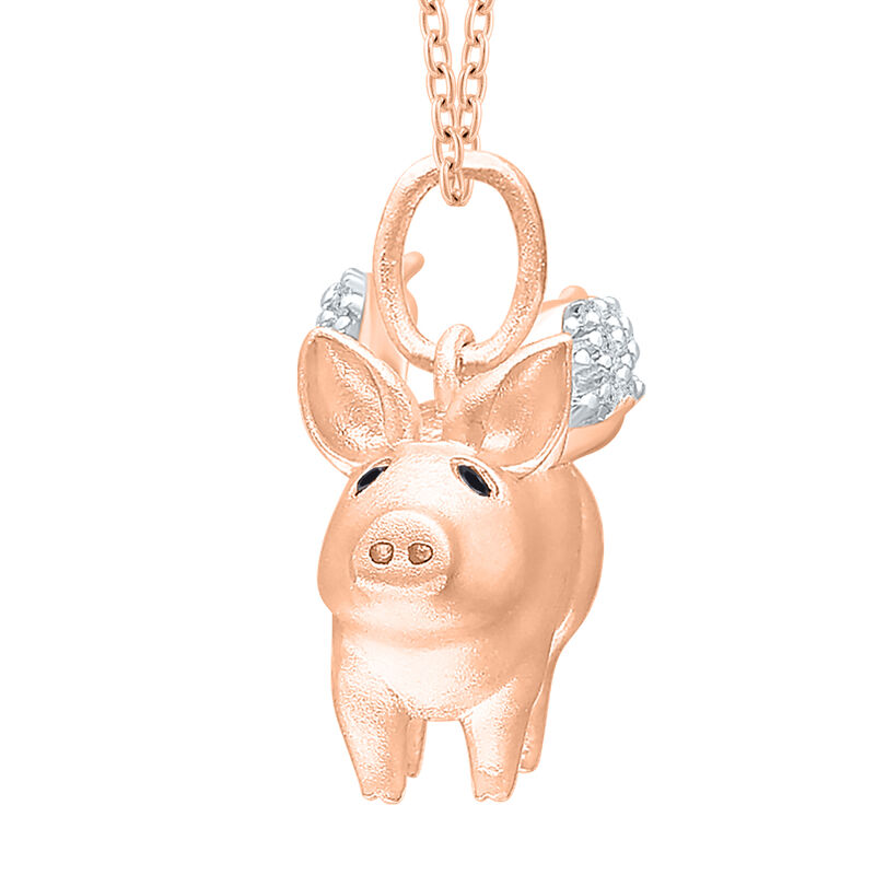 Brilliant-Cut .05ctw. Black & White Diamond When Pigs Fly Pendant in Rose Gold Plated Sterling Silver image number null