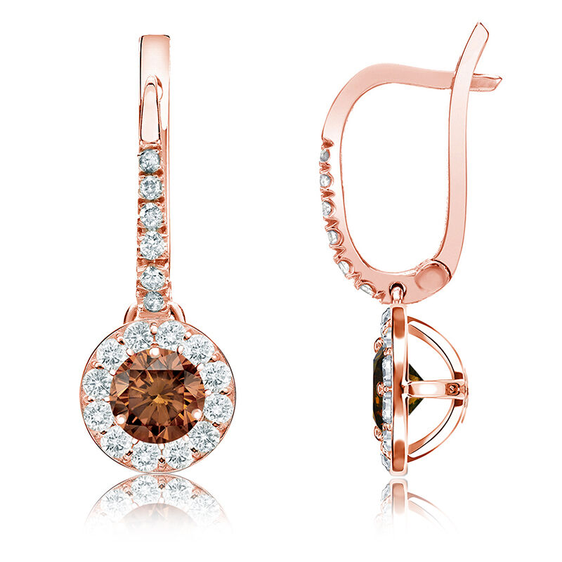 Champagne 1ct. Drop Diamond Halo Earrings in 14k Rose Gold image number null