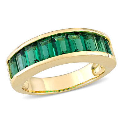 Created Emerald Semi-Eternity Anniversary Band in Yellow Gold Plated Sterling Silver